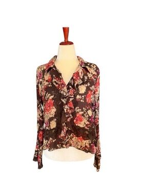 Allison Taylor Floral Ruffle Lace Trim Bell Sleeve Blouse Brown Red Tan …